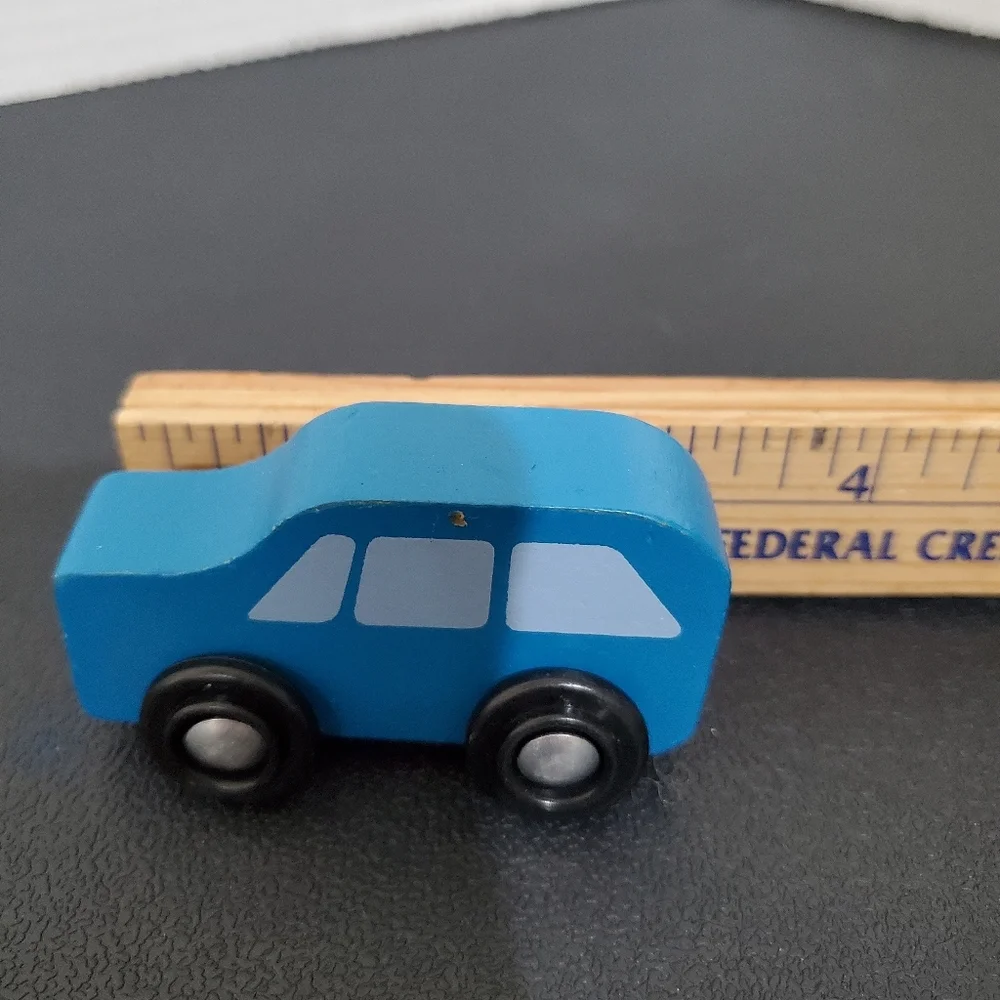 Wood Blue Van Car Truck & Police Car Toy figures rolling wheels play L👀K